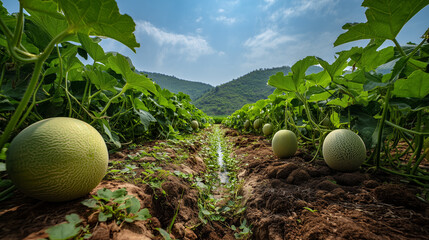 melon garden, rows of melon plants with large round fruits tucked between lush green leaves, the soil looks fertile with small irrigation in between, ai generated images.