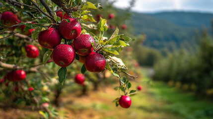 red apple orchard, big apple tree with bright red fruits sparkling in the sunlight, small flowers blooming on the ground, green forest and distant hills in the background, ai generated images.