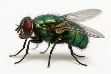 Common green bottle fly specimen isolated on white scientific background