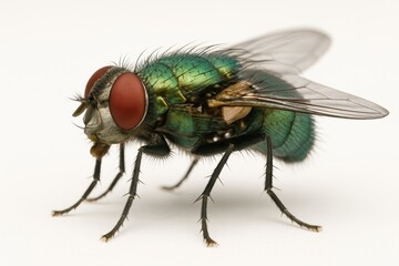 Common green bottle fly specimen isolated on white scientific background