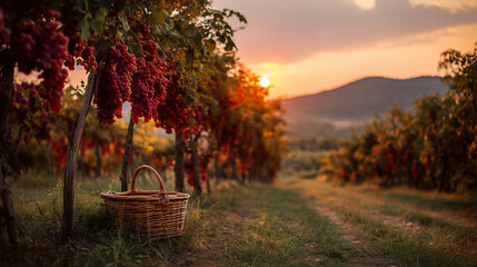 red vineyard, neat rows of red grape plants with ripe grapes hanging down, there is a basket full of freshly picked grapes under one of the plants, ai generated images.