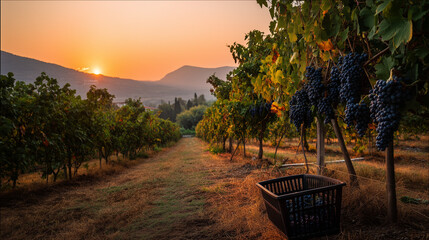 vineyard, rows of vines neatly lined up with ripe grapes hanging, there is a basket full of freshly picked grapes under one of the plants, ai generated images.