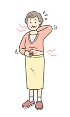 身体中が痒く顔をしかめる高齢女性の全身イラスト