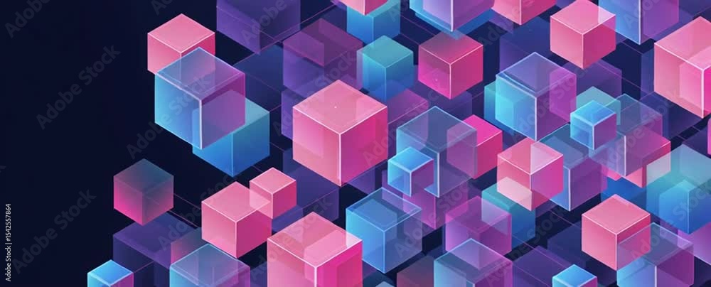Poster abstract background with geometric lines and cubes in blue and pink colors on a dark navy background