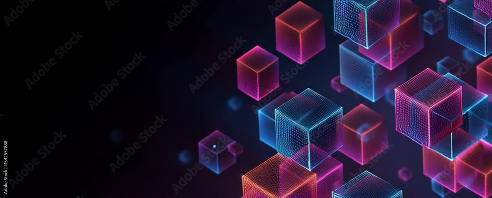 Poster minimalist vector line geometric pattern of blue and pink cubes on a dark background, for banner des