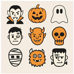 Flat Halloween Monster Faces Vector Icons Set