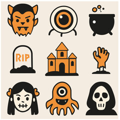 Scary Halloween Icons in Flat Vector Style
