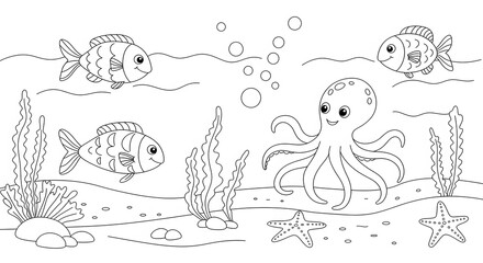 Adorable Ocean Life Coloring Page Octopus, Fish, and Seaweed