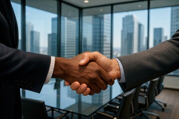 Professional business networking handshake between diverse executives in modern corporate conference room setting
