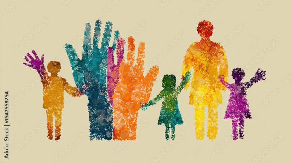 Poster diverse hand silhouettes represent family unity with colorful design expressing support and connecti