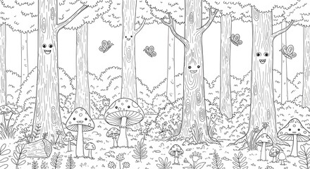 Enchanted Forest Coloring Page whimsical trees, mushrooms, and butterflies