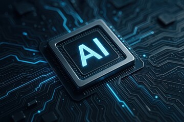 Ultra-modern AI neural network processor chip with glowing blue circuits on futuristic motherboard close-up macro detail