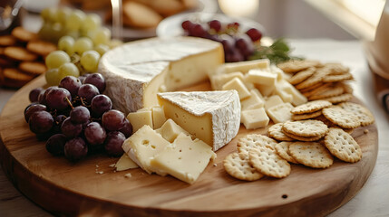 Top view of cheese platter with grapes, nuts, and crackers on rustic wooden board