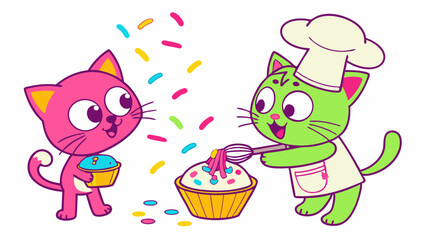 Naklejka premium Vector cute cartoon cats baking cupcakes with sprinkles and chef hat for kids birthday party invitation design