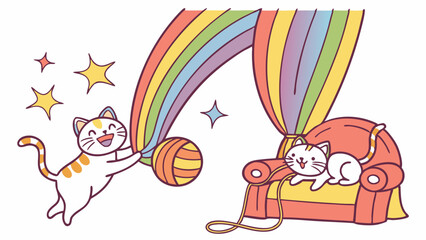 Obraz premium Vector cute cartoon cats playing with yarn ball and rainbow curtain vector illustration for kids and nursery decor