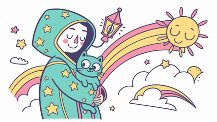 Fototapeta premium Vector cute cartoon illustration of girl holding cat with rainbow sun and stars vector graphic design art