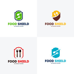 Four food shield logos in different colors.