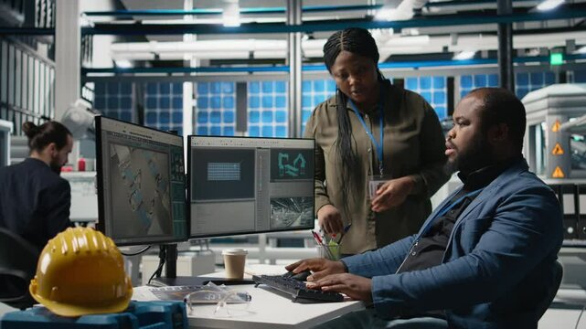 African american master engineers examining photovoltaics activity in solar power factory, reviewing data and checklists for the manufacturing process. Eco friendly renewable energy. Camera B.