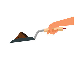 Hand holding mini shovel containing dirt. Simple flat illustration.