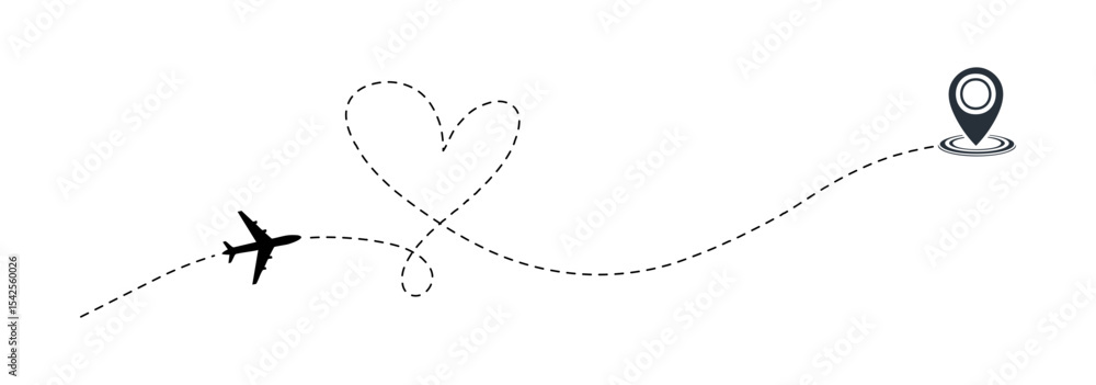 Aufkleber airplane route with heart loop and destination pin. travel journey path design.
