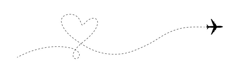 Airplane flight path with heart loop. Travel route design illustration art.