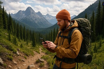 Outdoor enthusiast using smartphone navigation while hiking through scenic mountain wilderness trail