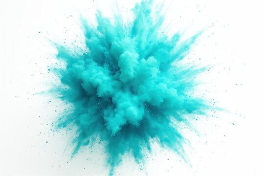 Vibrant turquoise powder paint explosion creating abstract art on white background