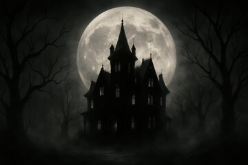 Spooky haunted mansion silhouette against full moon with atmospheric fog creating Halloween horror atmosphere