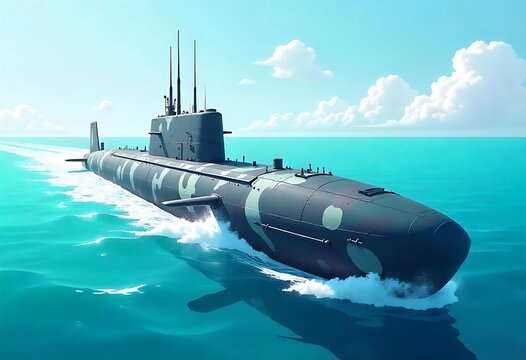 Powerful digital illustration of a nuclear military submarine launching torpedoes underwater. Warship in ocean, showcasing maritime defense, naval strategy, and underwater military technology in actio