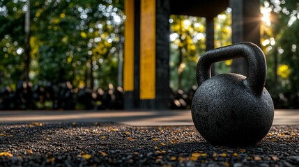 Outdoor kettlebell workout in park setting. Sunlit, dark gray kettlebell rests on a paved area with scattered leaves