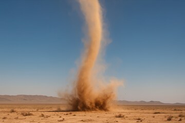 Dramatic dust devil whirlwind spinning across desert landscape on isolated background