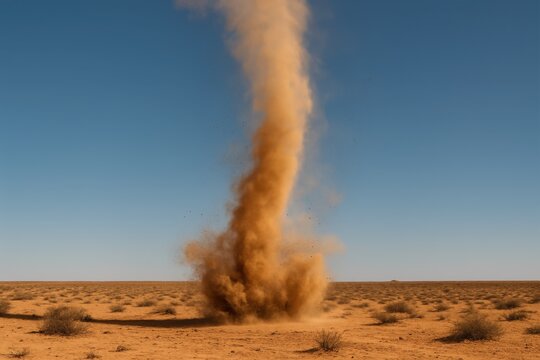 Dramatic dust devil whirlwind spinning across desert landscape on isolated background