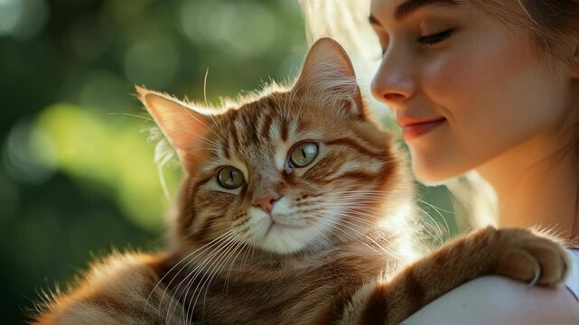 Woman gently holds a ginger cat, enjoying a sunny day in the park together close up