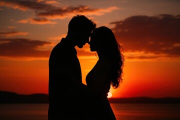 Romantic couple silhouette embracing at golden sunset horizon