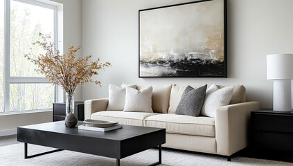 High Resolution Scandinavian Living Room with Abstract Art