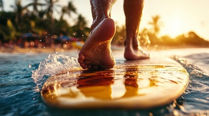Person walking on surfboard in ocean at sunset.  Close-up view of feet and board, waves splashing