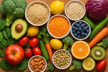 Vibrant healthy food arrangement promoting balanced nutrition and wellness lifestyle