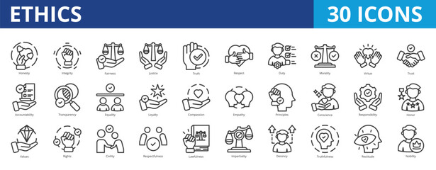 Ethics icon pack collection set for attitude and behaviour. With honesty, integrity, fairness, justice, truth, respect, duty, morality, virtue, trust, accountability, transparency, equality, honor