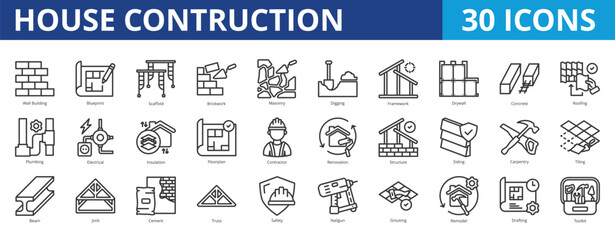 House construction icon pack collection set for repair and renovation. With wall building, blueprint, scaffold, brickwork, masonry, digging, framework, drywall, concrete, structure, floorplan, safety