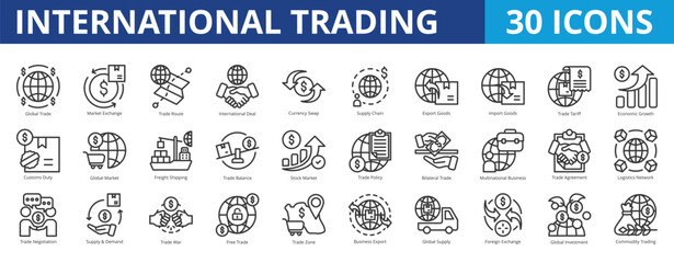 International trading icon pack collection set for export import of goods and services. With global trade, market exchange, trade route, international deal, currency swap, supply chain, logistics