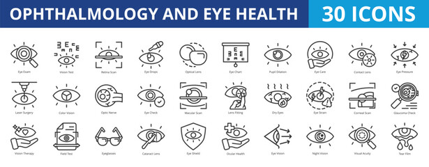Ophthalmology and eye health icon pack collection set for medical, diagnosis, and treatment. With eye exam, diseases, vision test, retina scan, laser surgery, care, optical lens, eye chart, glaucoma