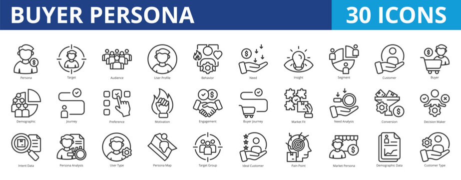 Buyer persona icon pack collection set for sales marketing, product development and customer service. With target, audience, user profile, behavior, need, insight, segment, buyer, shopping, conversion