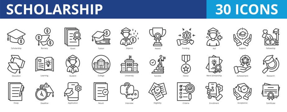 Scholarship icon pack collection set for academic and professional development. With education, bursary, grant, tuition, stipend, award, funding, aid, support, fellowship, training, learning, result