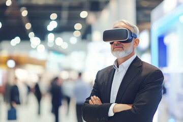 Mature senior businessman testing out VR headset in an IT fair.