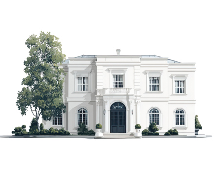 White  Mansion with Decorative Gardens and Classical Details on Transparent Background

