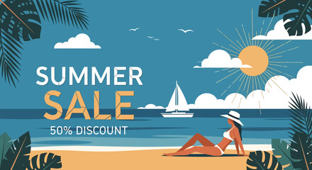 Obraz premium Adobe illustrator artwork vector illustration of a woman relaxing on a beach at sunset, enjoying a drink under an umbrella, while a sailboat drifts by, advertising a 