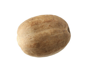 One whole nutmeg in air isolated on white