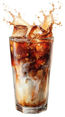 Splashing Iced Coffee Blending into Milk Inside a Modern Glass on Transparent Background

