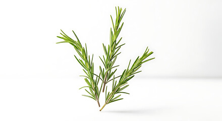 Close up of three sprigs of fresh rosemary herb isolated on a bright white background in studio light