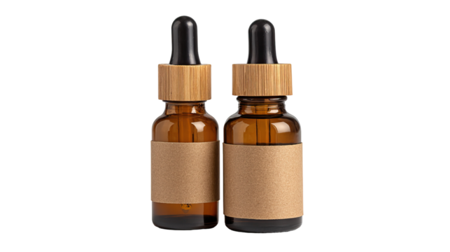 Amber Glass Dropper Bottles with Kraft Paper Labels on Transparent Background


